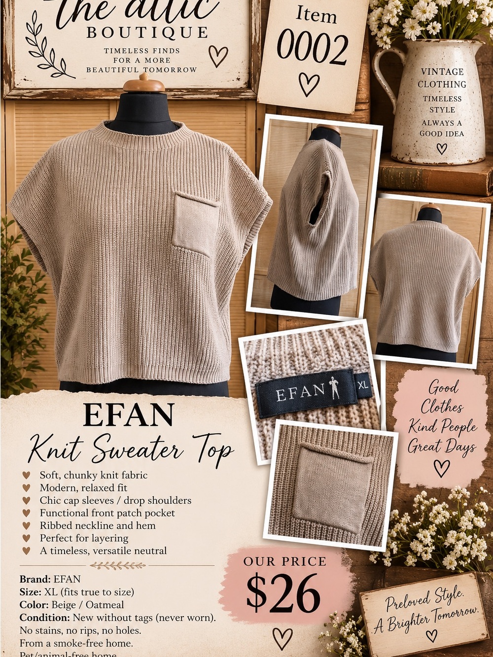 EFAN Beige Knit Sweater Top - Relaxed Fit Drop Sleeve